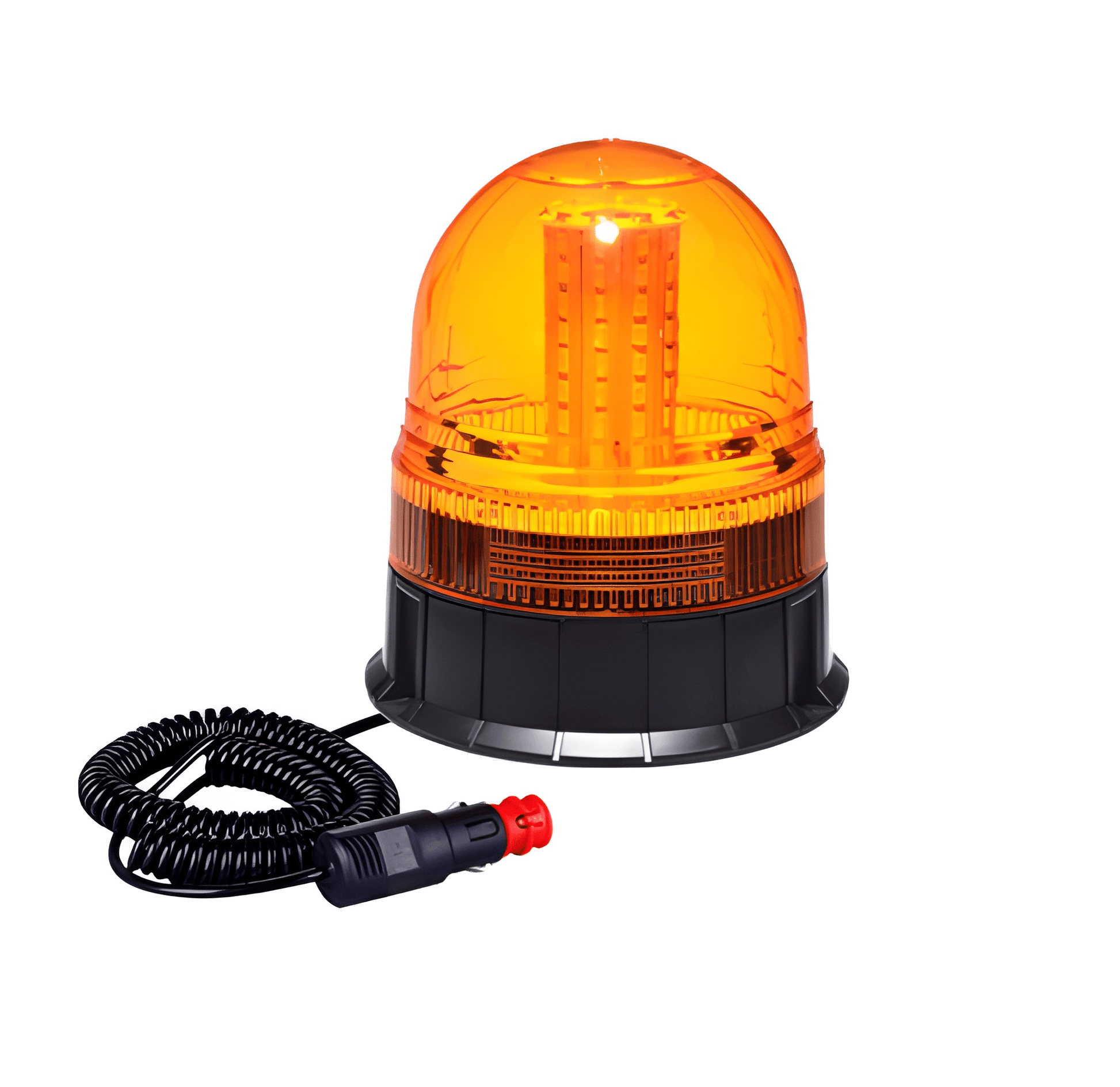 12–24V amber LED beacon with magnetic mount and coiled power cable for emergency, recovery and agricultural vehicles.