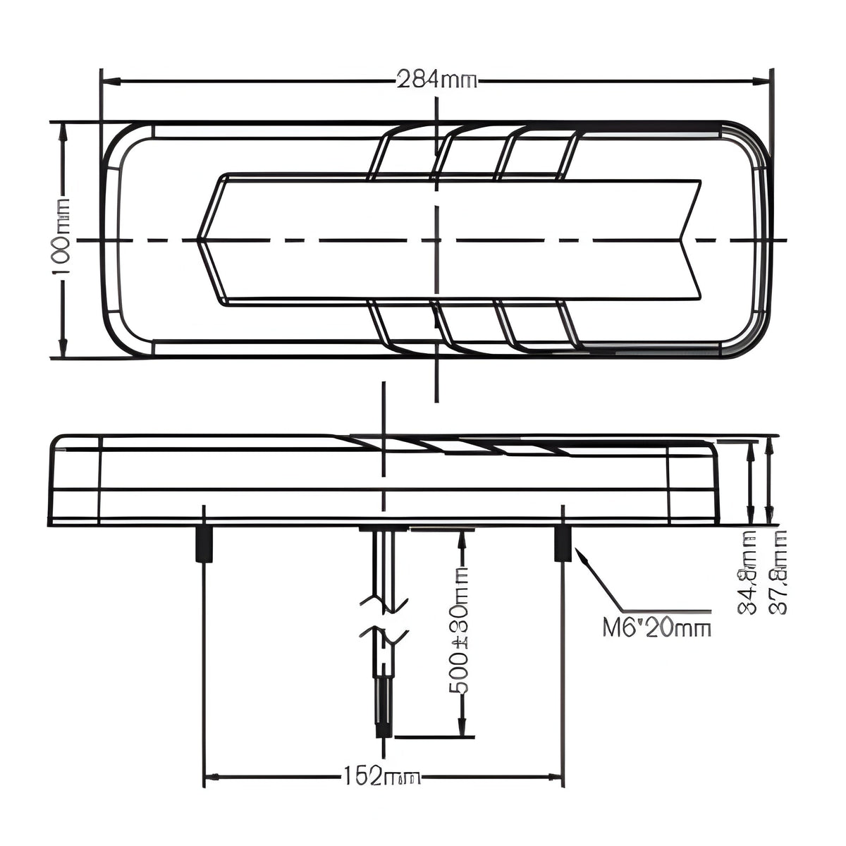 Technical dimensional schematic diagram showing multi-angle views and measurements of a rear multi function light