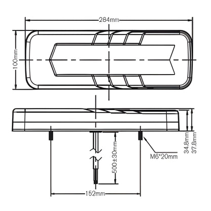 Technical dimensional schematic diagram showing multi-angle views and measurements of a rear multi function light
