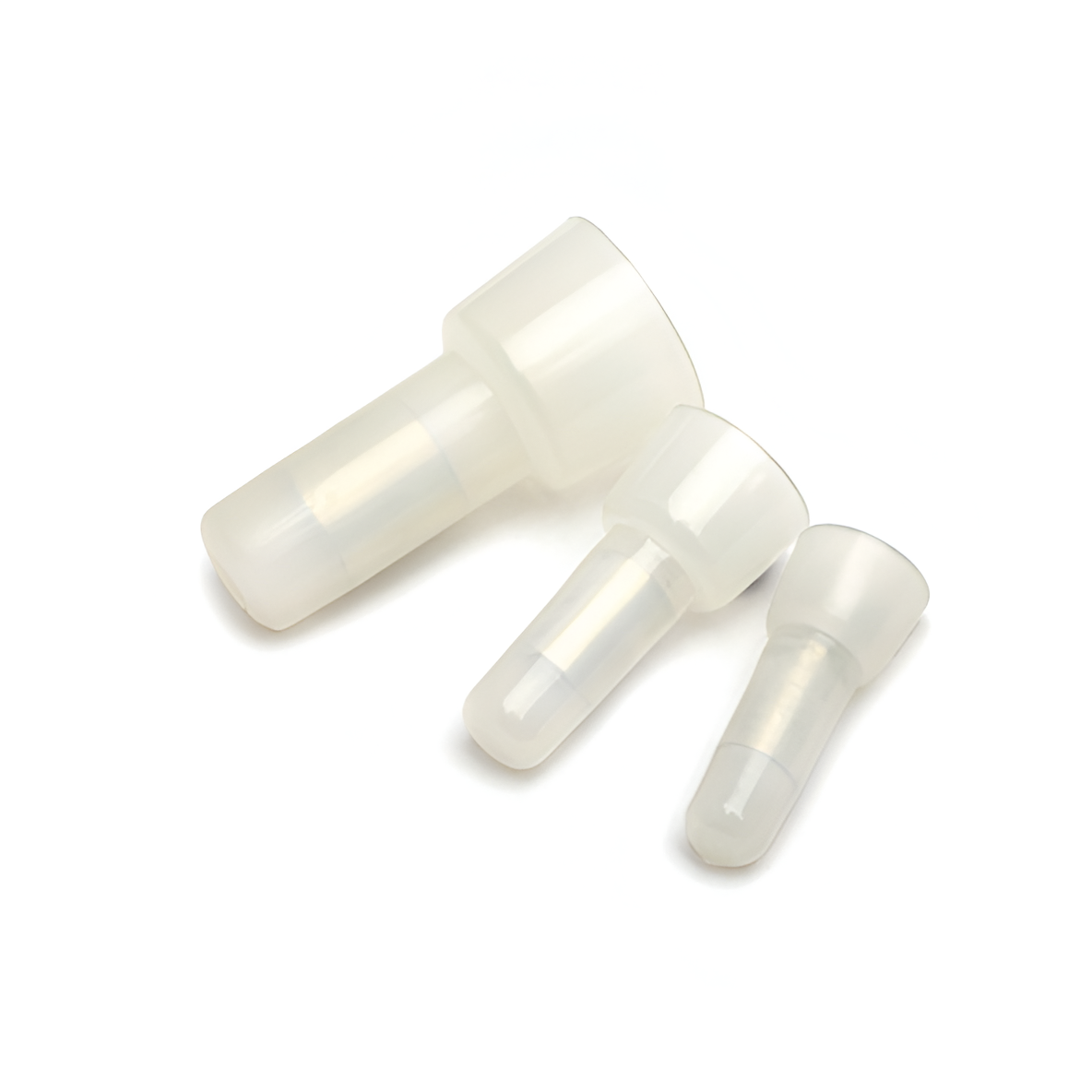 Three clear nylon closed-end crimp wire connector caps