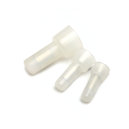 Three clear nylon closed-end crimp wire connector caps