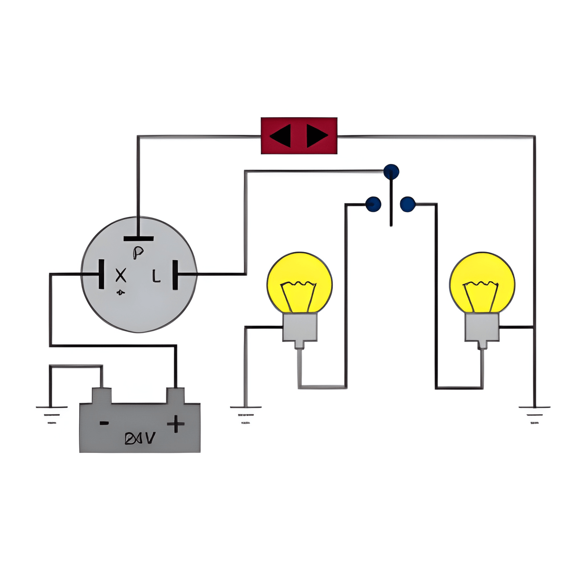 Electrical circuit wiring diagram for  a CurrentCare 24V thermal flasher unit showing battery, switch, and indicator light connections