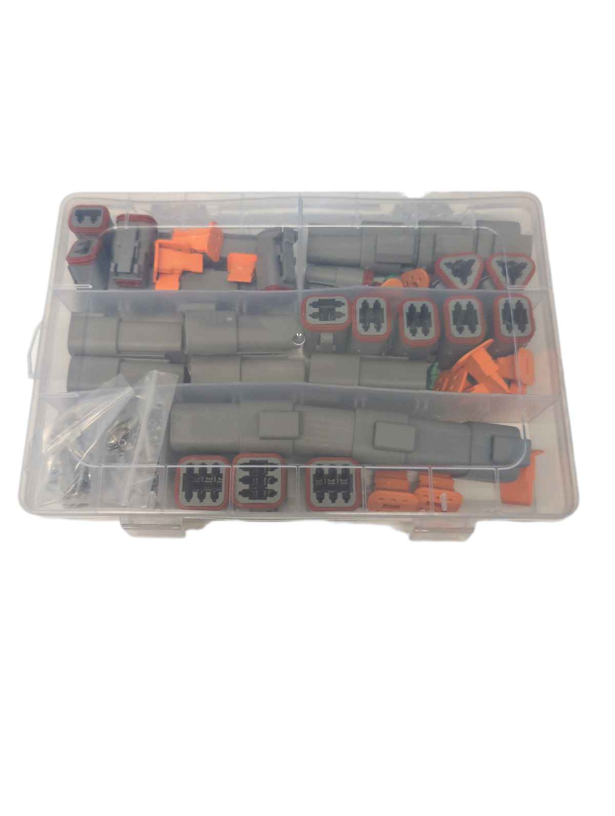 A clear plastic organizer case containing multiple gray and orange plastic deutsch connector pieces, photographed on a plain white background.