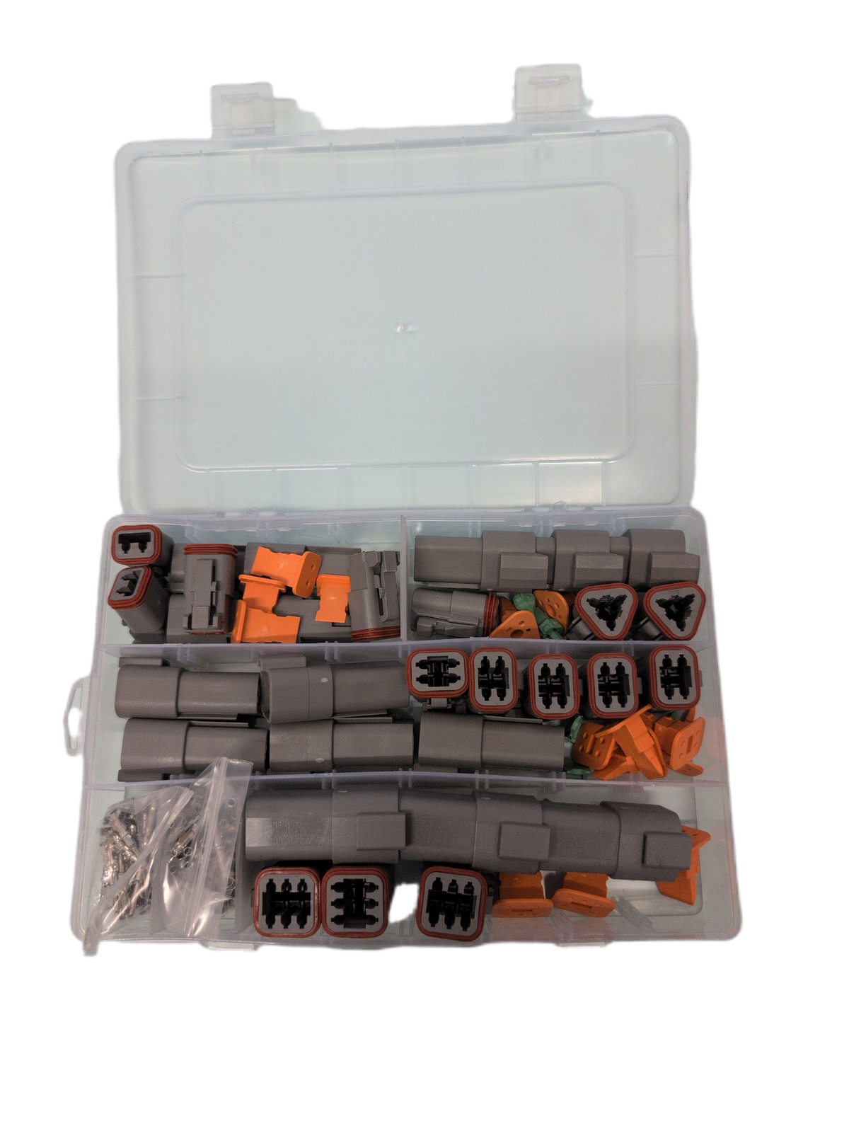 An open clear plastic organizer case filled with multiple deutsch connectors & terminals