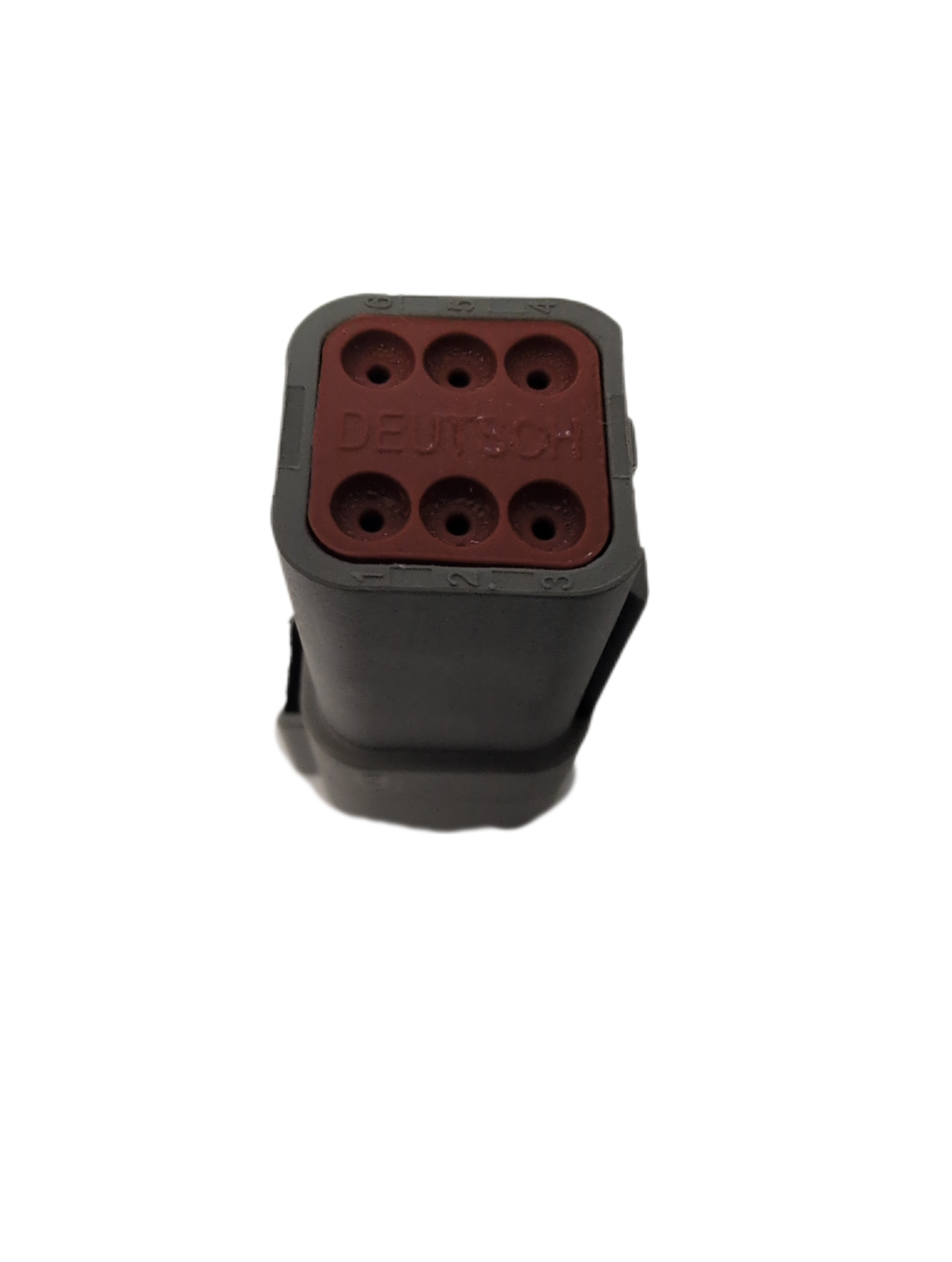 A single electrical deutsch connector with a grey body and an orange top featuring six circular pinholes and the embossed brand name 'DEUTSCH'.