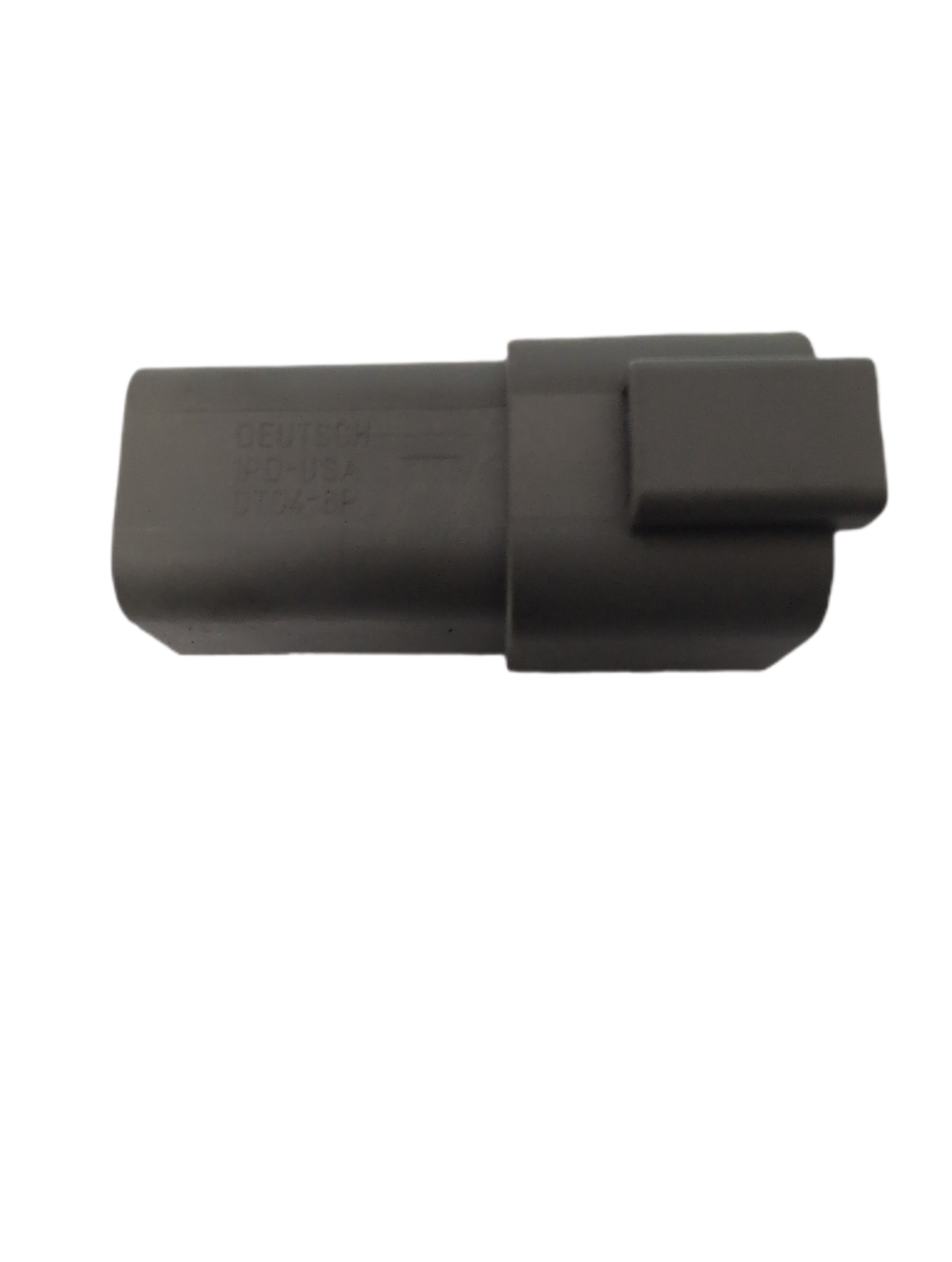 A dark gray automotive deutsch electrical connector with molded text on the side, isolated on a white background.