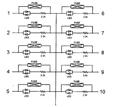Electrical diagram with fuses and LEDs labeled from 1 to 10 on a white background.