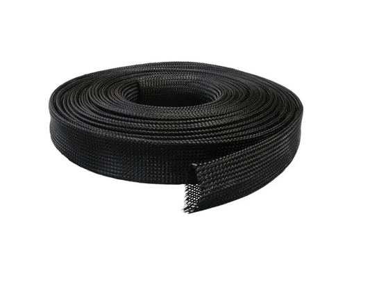 A roll of black expandable braided sleeving for automotive wire management, shown in a clean product view.
