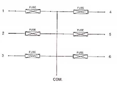 Diagram of fuses connected in a parallel circuit with labels 1 through 6.