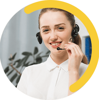 Customer service representative wearing a headset, ready to help