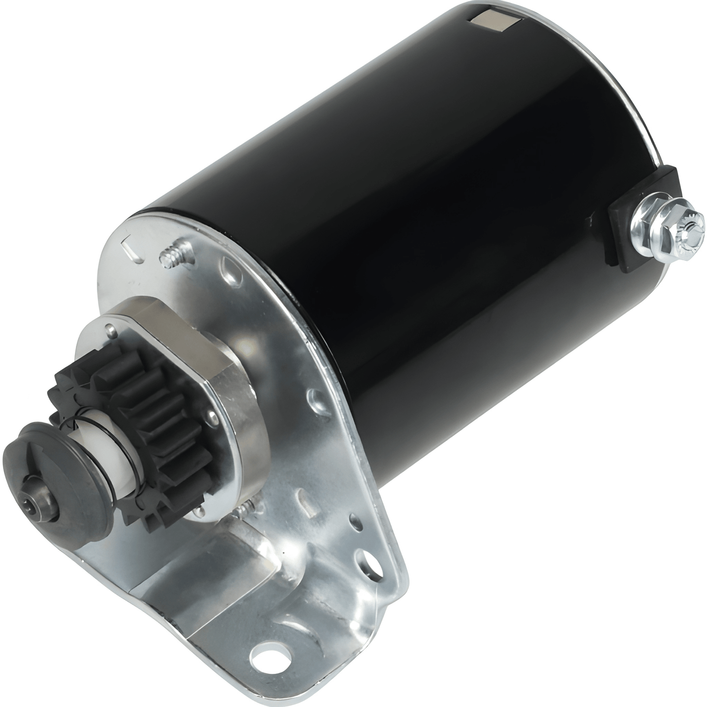 A new 12v starter motor for Briggs & Stratton John Deere, showing the motor housing, gears, and electrical connections. STR4004 / 110634