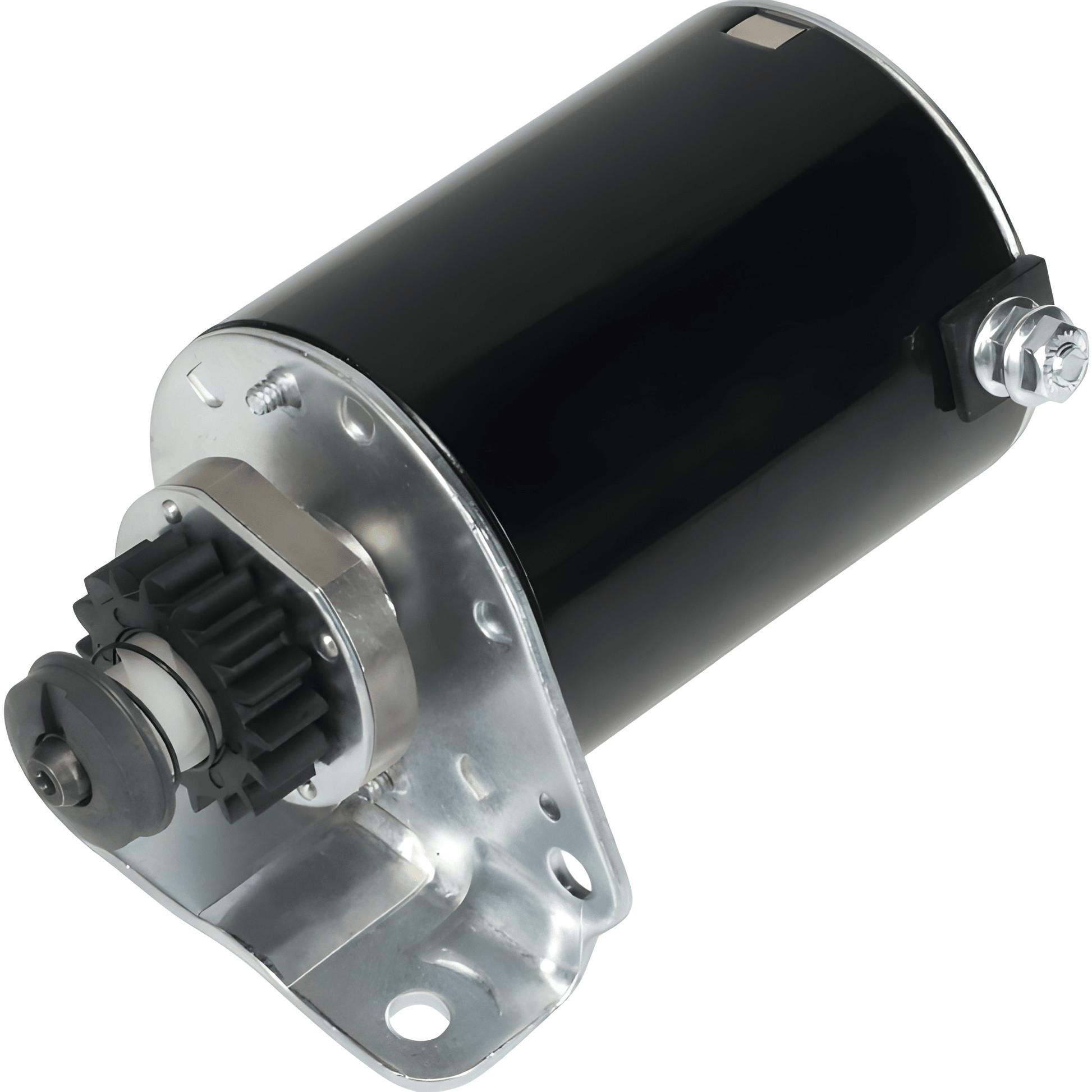 A new 12v starter motor for Briggs & Stratton John Deere, showing the motor housing, gears, and electrical connections. STR4004 / 110634