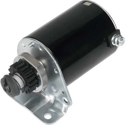 A new 12v starter motor for Briggs & Stratton John Deere, showing the motor housing, gears, and electrical connections. STR4004 / 110634