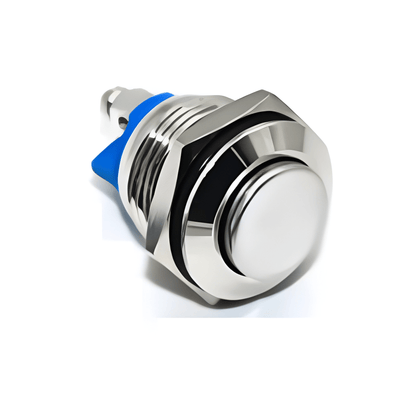 16mm raised head momentary metal push button K5892 with shiny silver finish and blue back by MURE