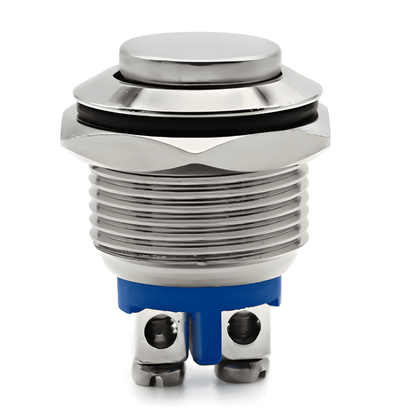 MURE K5892 16mm raised head momentary metal push button silver with blue base and 2 screw terminals