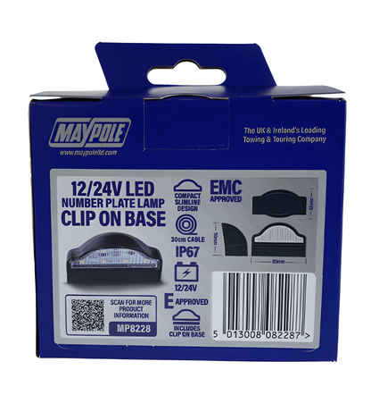 Number Plate Lamp & Clip Base Light White 6 Led 12V 24V Maypole MP8228