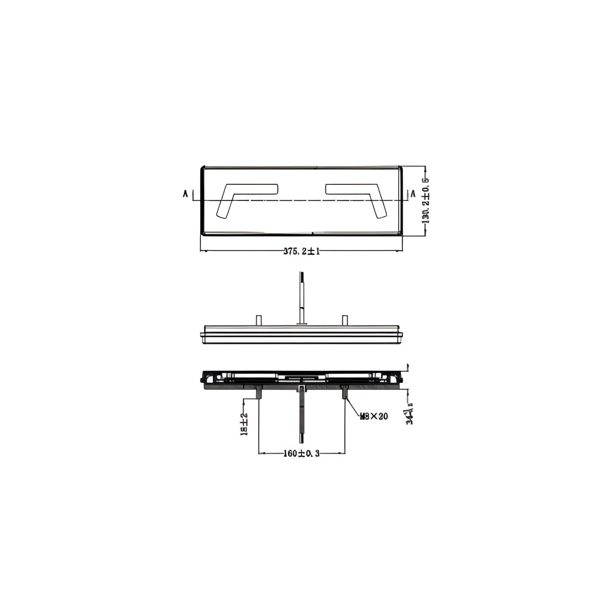 Technical dimensional schematic drawing showing measurements for LED Global rectangular LED rear combination lamp