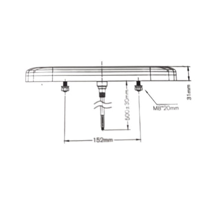 Technical dimensional schematic drawing showing measurements for LED Global rear combination lamp