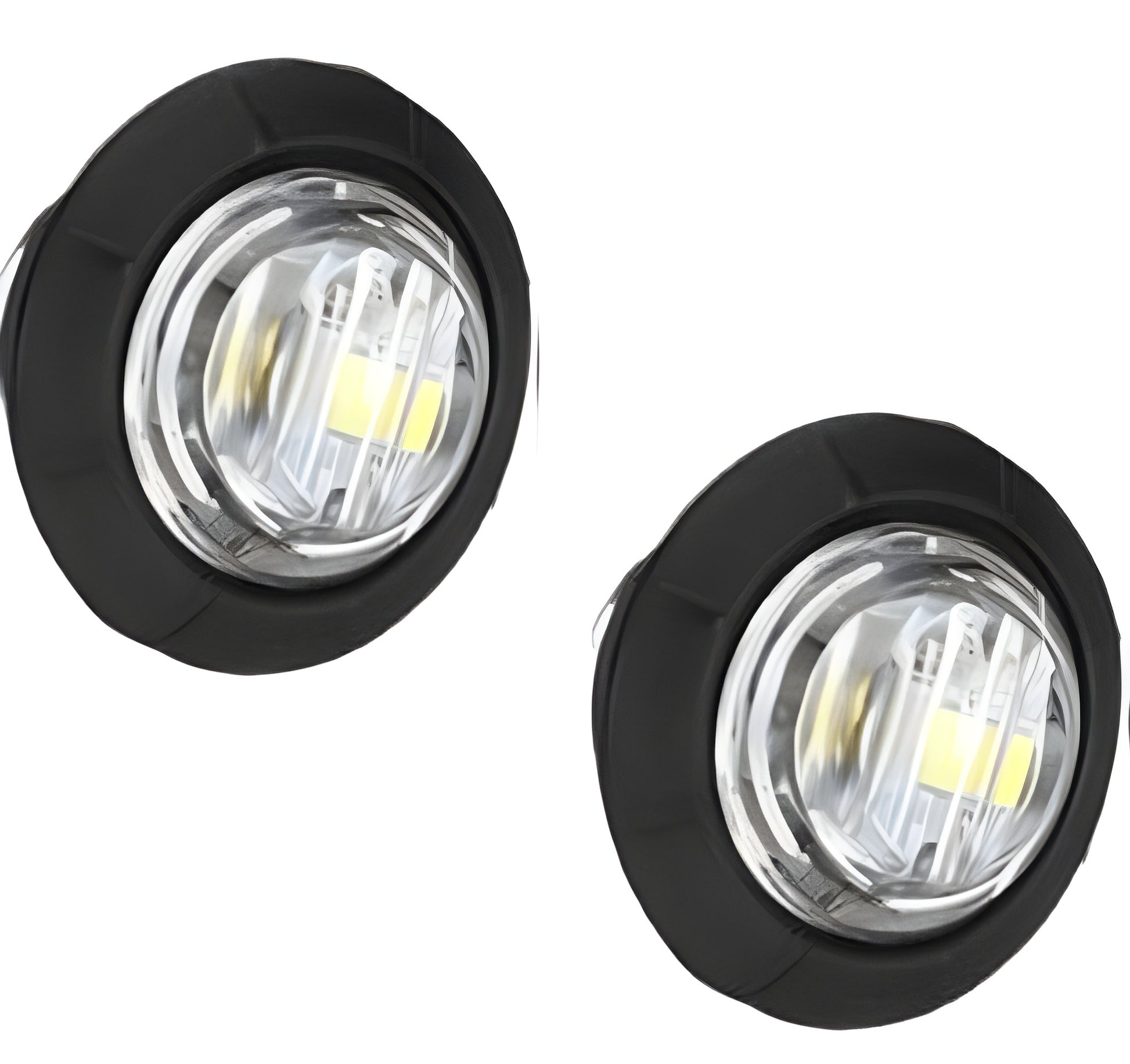 Two LED round marker lights with clear lenses and black housings, designed for vehicle lighting.