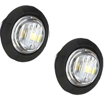 Two LED round marker lights with clear lenses and black housings, designed for vehicle lighting.