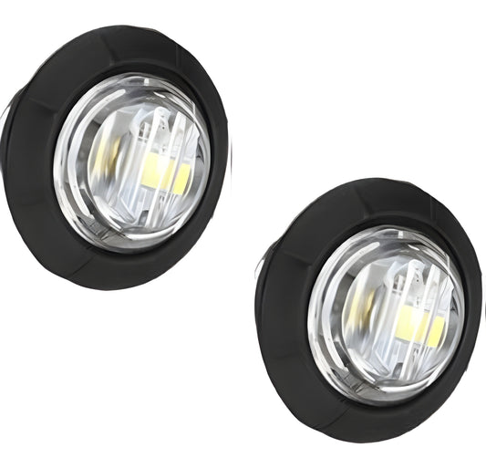 Two LED round marker lights with clear lenses and black housings, designed for vehicle lighting.