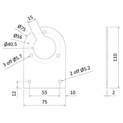 Technical dimensions diagram of Maypole MP3465B towstep socket mounting plate showing hole spacing, diameter measurements, and 2mm thickness