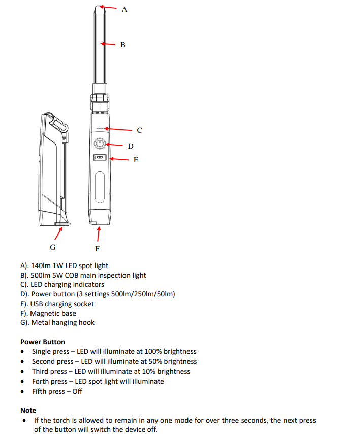Features diagram for the Maypole MP4057 LED inspection lamp detailing components and power button settings