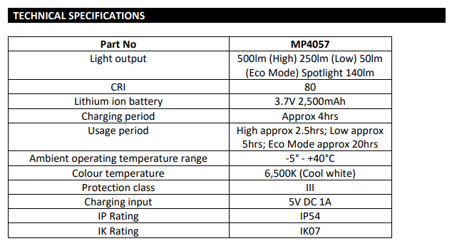 Technical specifications for the Maypole MP4057 LED Slimline Foldable Inspection Hand Lamp Wand with LED Torch