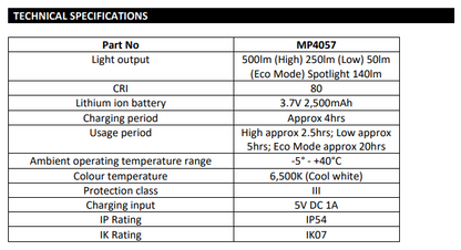 Technical specifications for the Maypole MP4057 LED Slimline Foldable Inspection Hand Lamp Wand with LED Torch