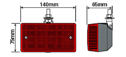 Dimensions diagram of Maypole MP845 12V rear fog lamp showing 140mm width, 75mm height and 65mm depth.