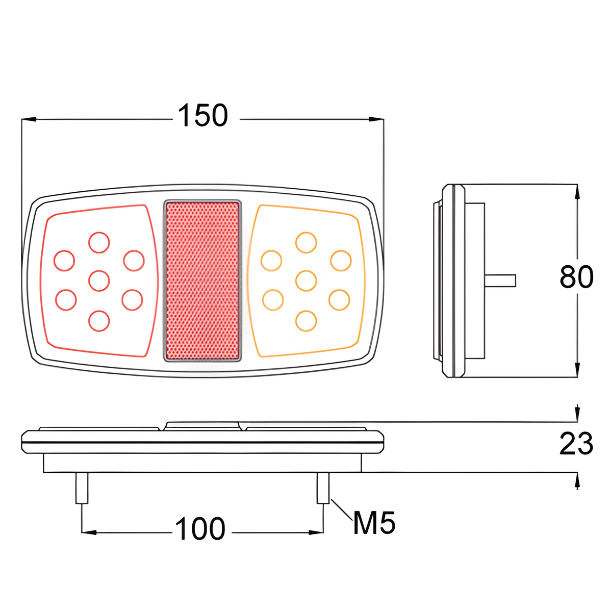 Technical dimensional schematic drawing showing vertical measurements for Maypole MP8685B 12V LED rear trailer lamp