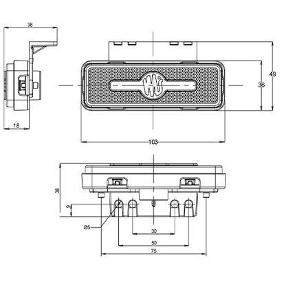 technical drawing showing measurements of 12/24V WAS LED Amber Side Marker Lamp Slimline Side E Approved Maypole MP1635B