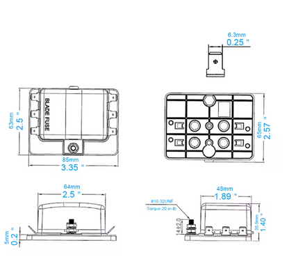 measurement diagram for 6 Way Led Blade Fuse Box Holder 12V / 24V Standard Ato Circuit Wood Auto Fuh1731L