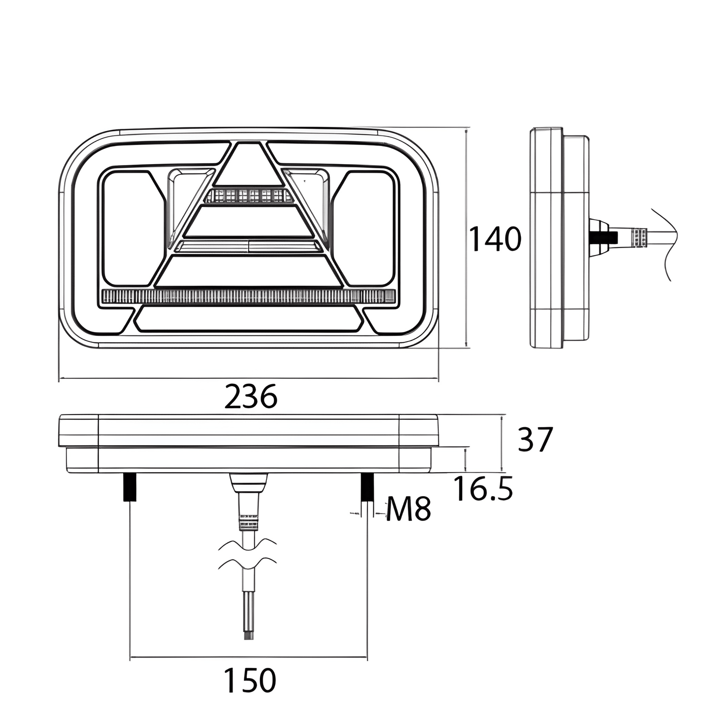 Technical drawing of a rear combination light with dimensions