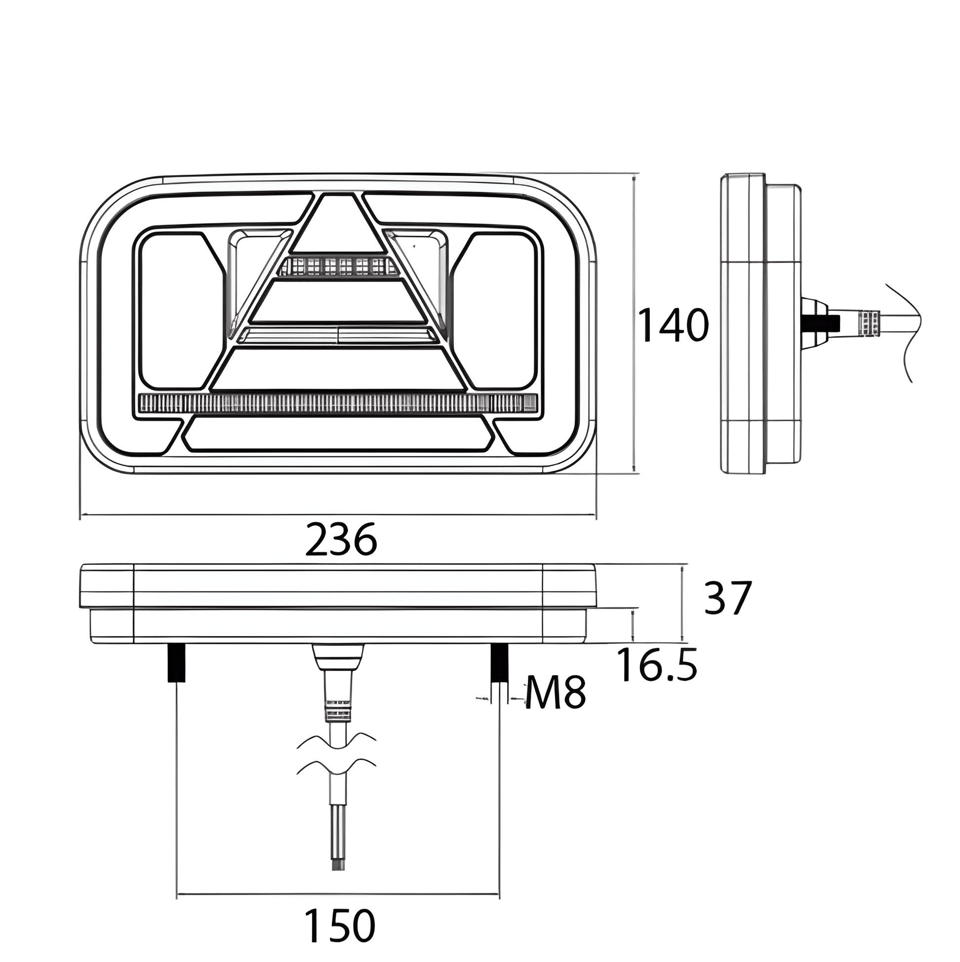 Technical drawing of a rear combination light with dimensions