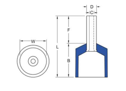 technical drawing measurement diagram for twin entry cord end terminals DCET series 