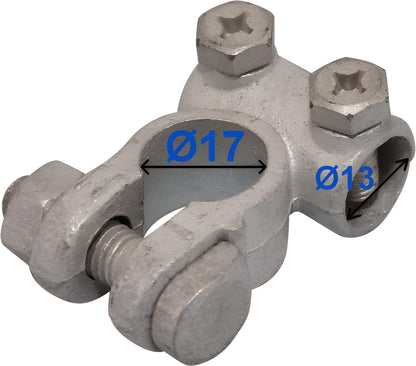 Negative Battery Terminal – 17mm diameter, Solderless, Tin-Plated Brass, 13mm Cable Hole Drilling, Wood Auto BTT1003N/208