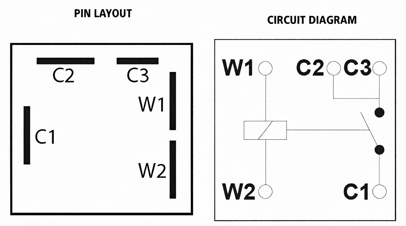 Pin layout and circuit diagram for electronic components labeled C1, C2, C3, W1, and W2.