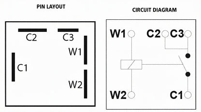 Pin layout and circuit diagram for electronic components labeled C1, C2, C3, W1, and W2.