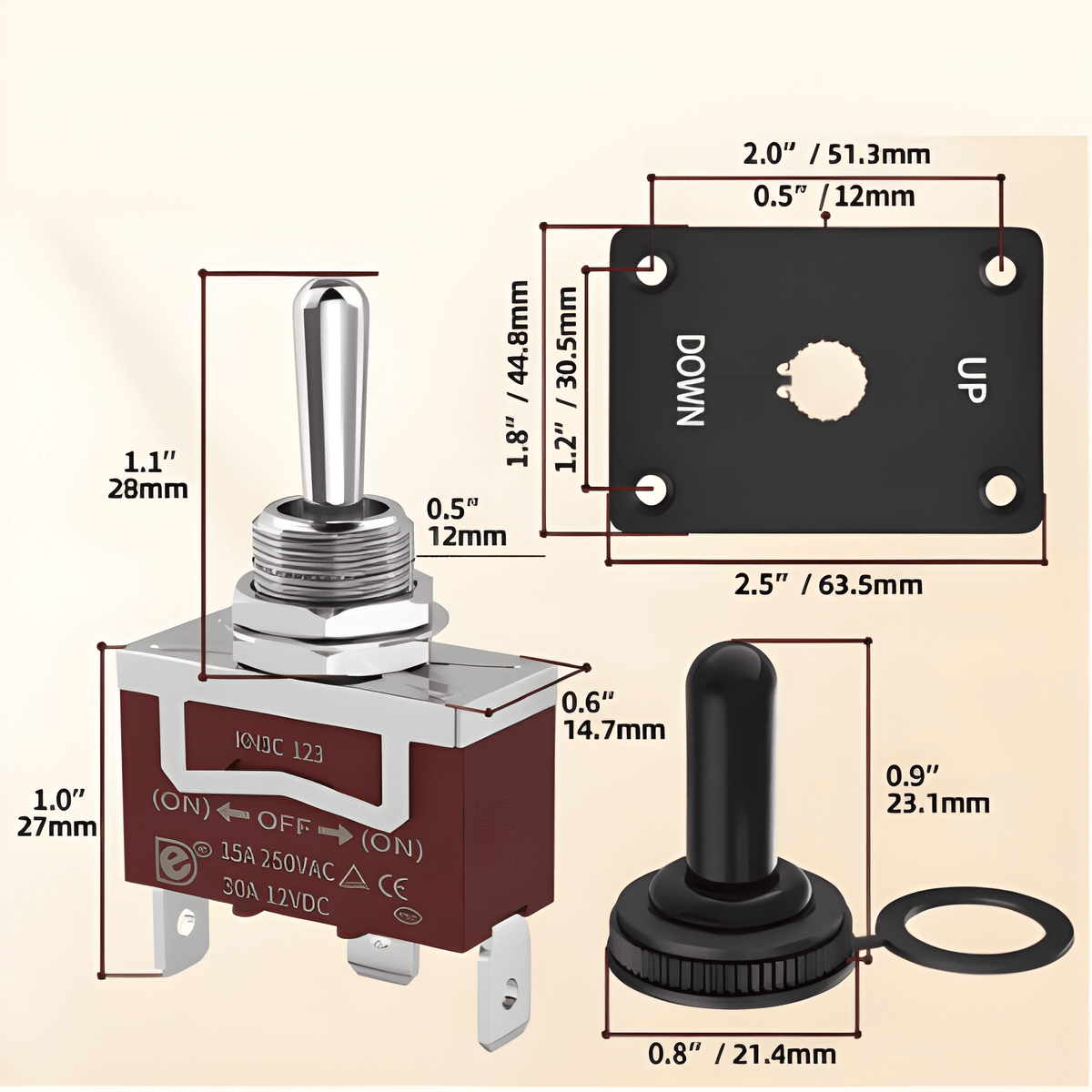 12V panel mount metal momentary toggle switch with 3 terminals On Off On positions and dimensions From MURE