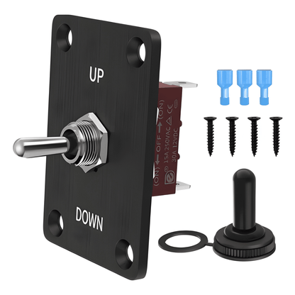 12V panel mount metal momentary toggle switch with UP and DOWN labels terminals connectors screws and boot