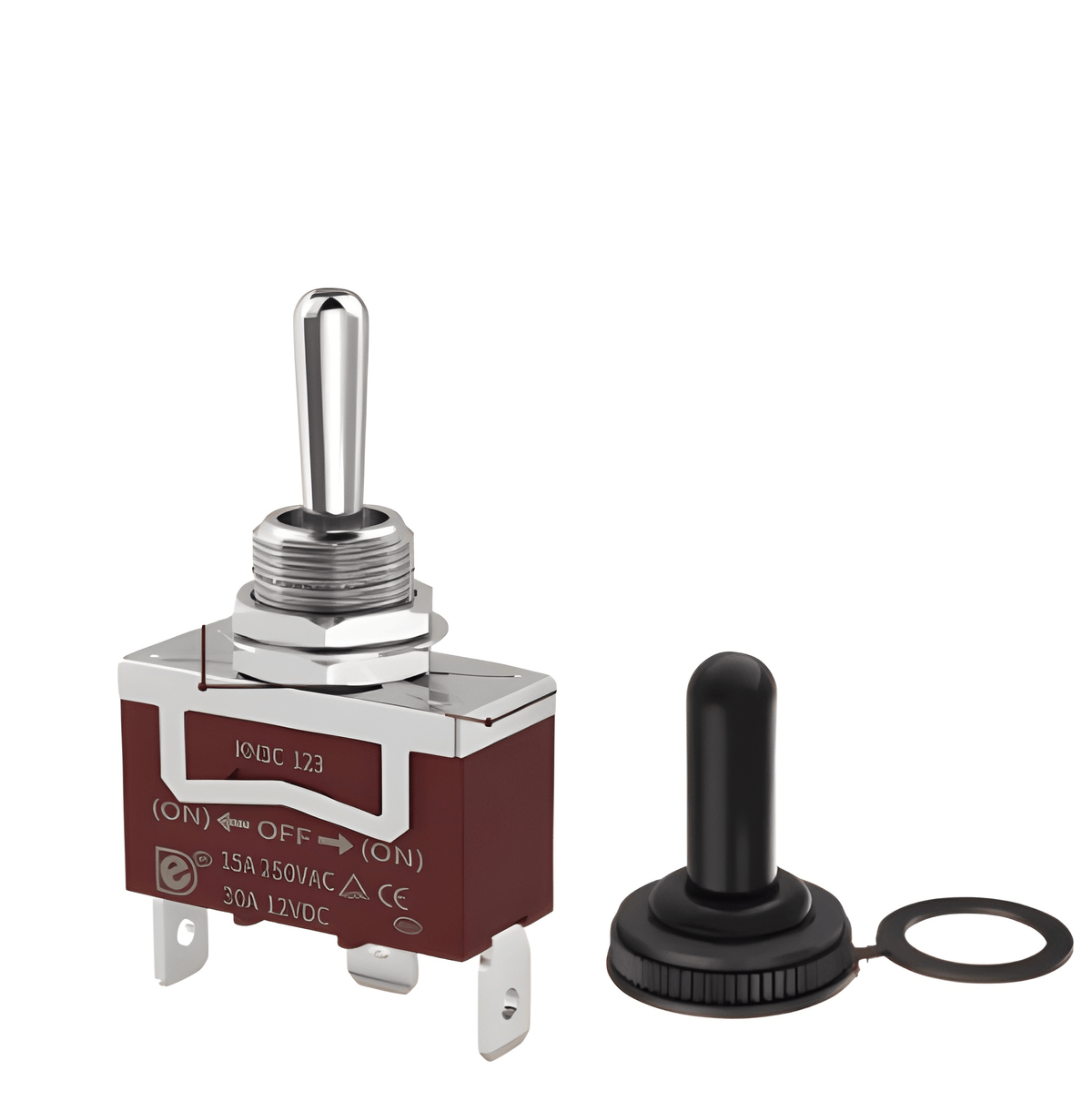 12V metal momentary toggle switch with 3 terminals an up-down-on-off-on function and a black rubber cover by MURE