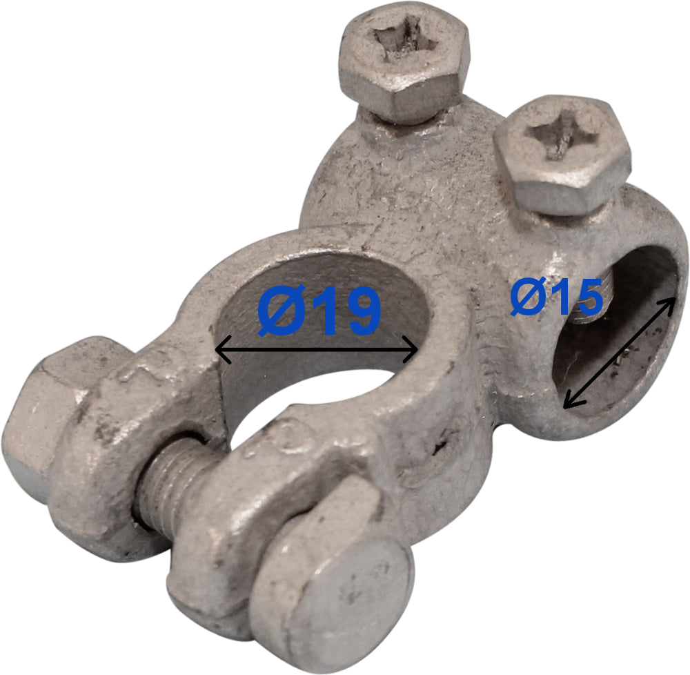 Negative Battery Terminal – 17mm diameter, Solderless, Tin-Plated Brass, 15mm Cable Hole Drilling, Wood Auto BTT1007N/210