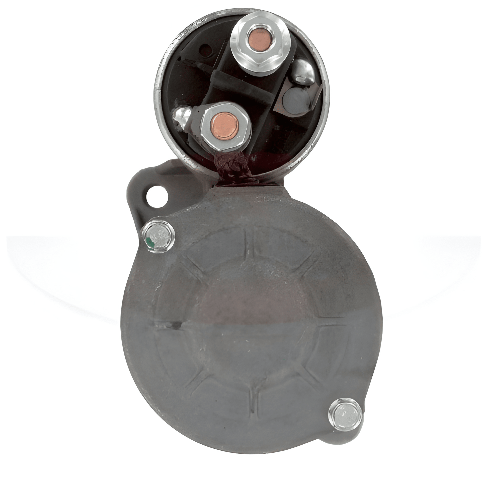 rear view of a Car starter motor on a white background