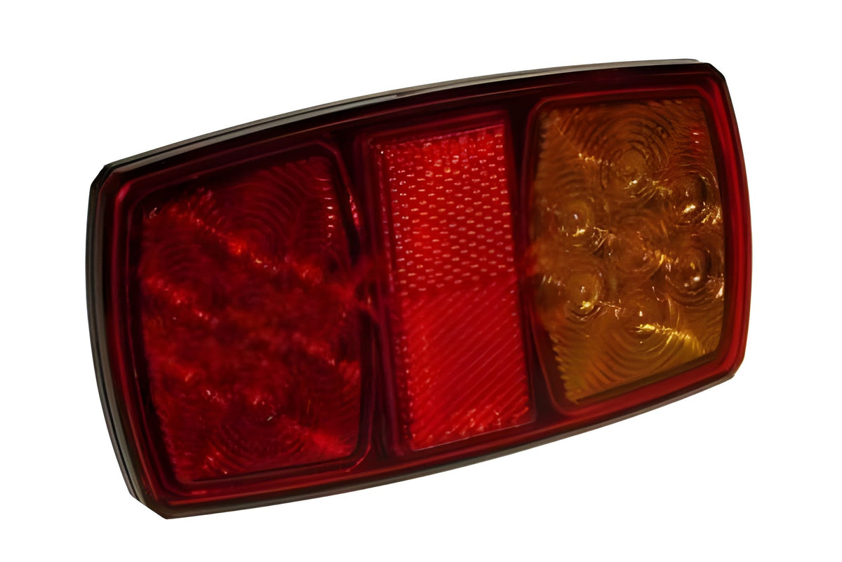 side angle view of Maypole MP8685B 12V rectangular LED rear trailer lamp with stop, tail, indicator, fog, and reflective functions