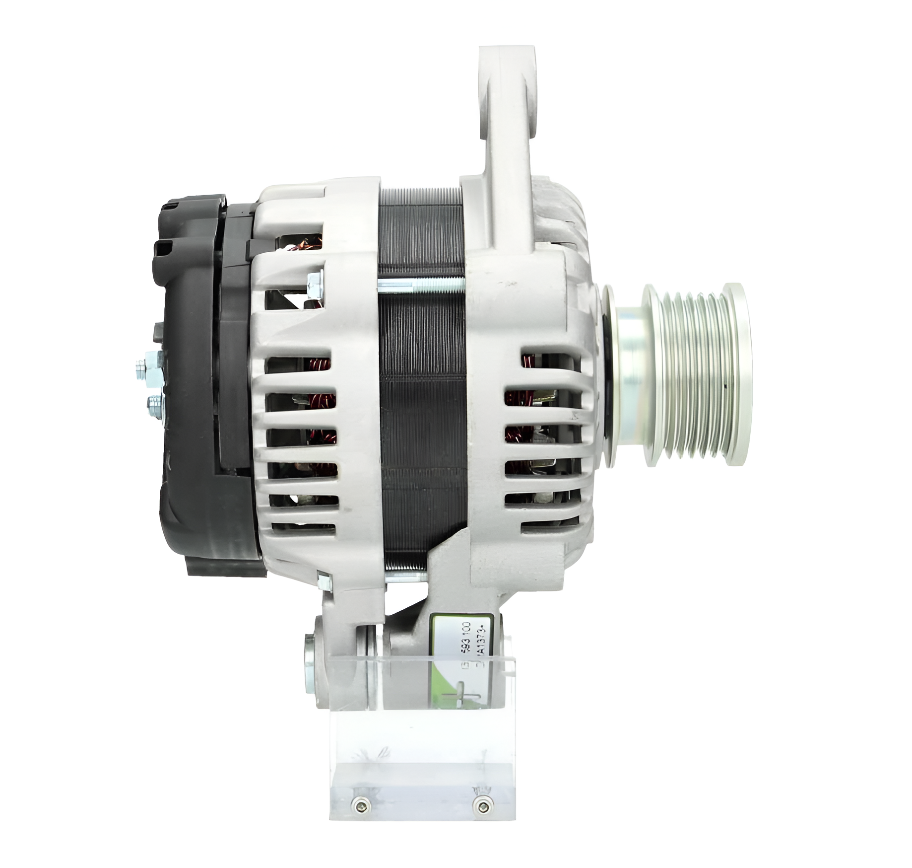 side view of a Car alternator on a white background