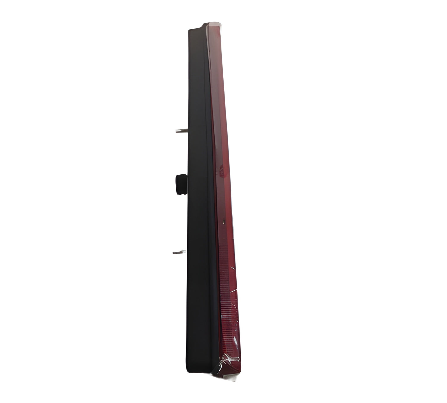 Tall, thin electronic device with a black and red design on a white background
