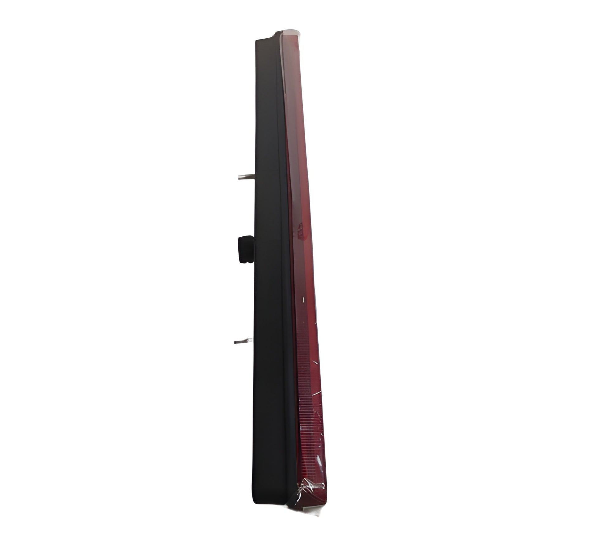 Tall, thin electronic device with a black and red design on a white background