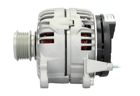 side view of a Car alternator on a white background