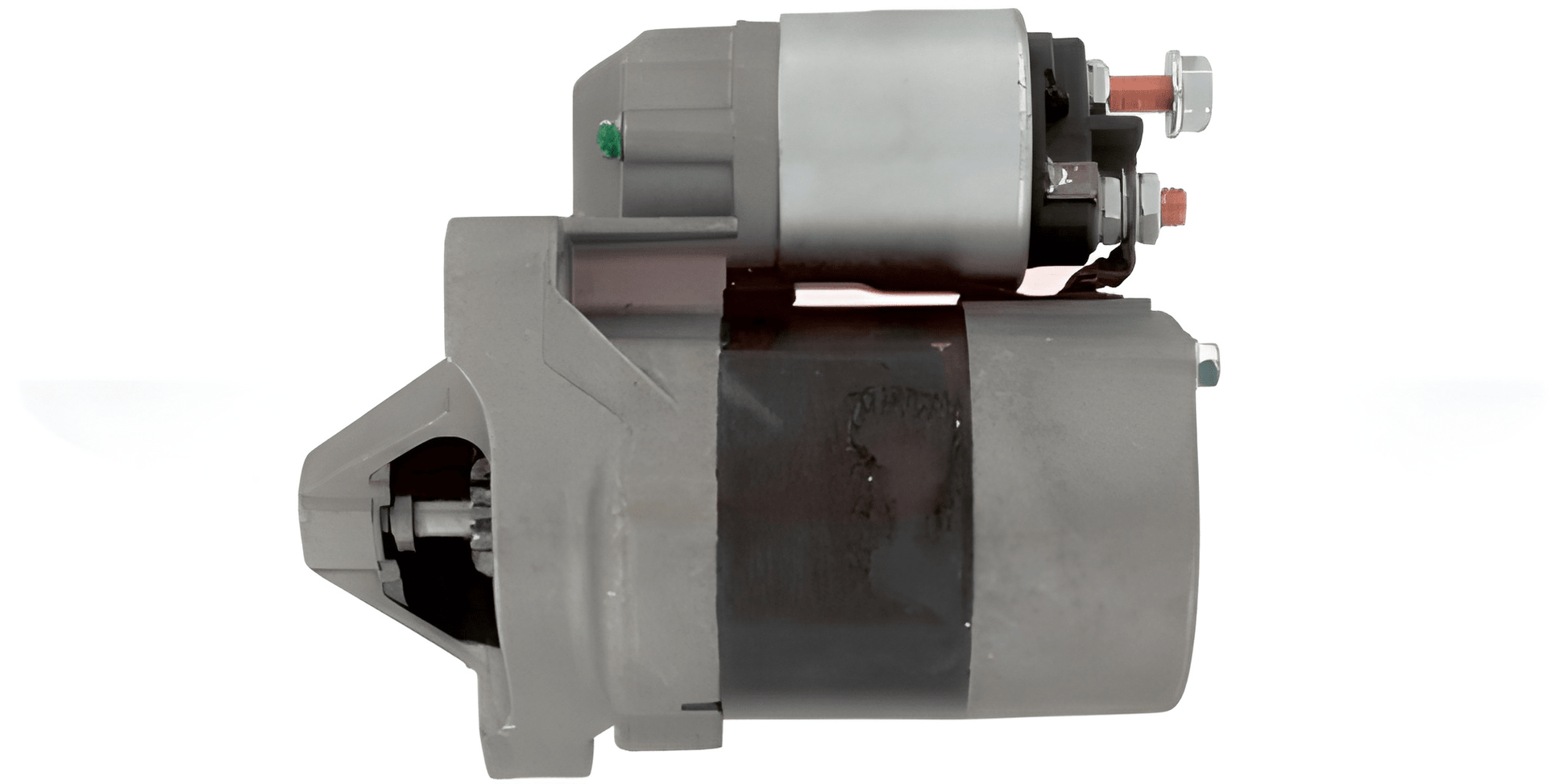 side view of a Car starter motor on a white background